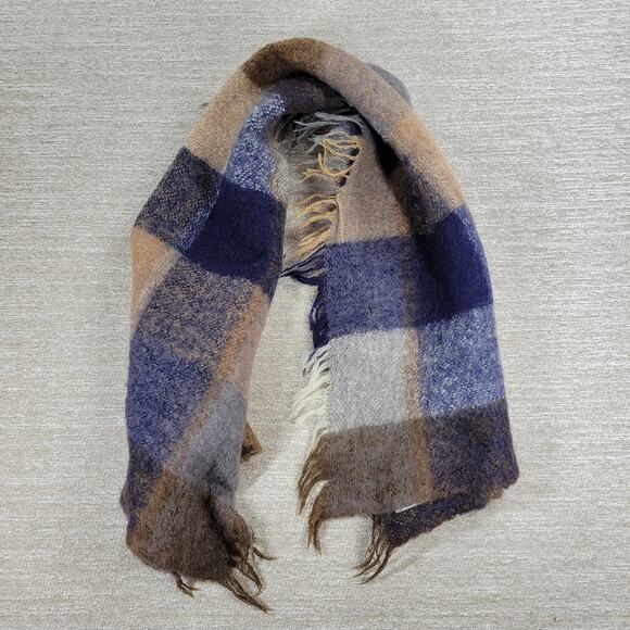 Avoca Hand Weavers Lap Blanket Scarf Shawl Brown Blue Wool Mohair Plaid Fringe - Picture 1 of 16